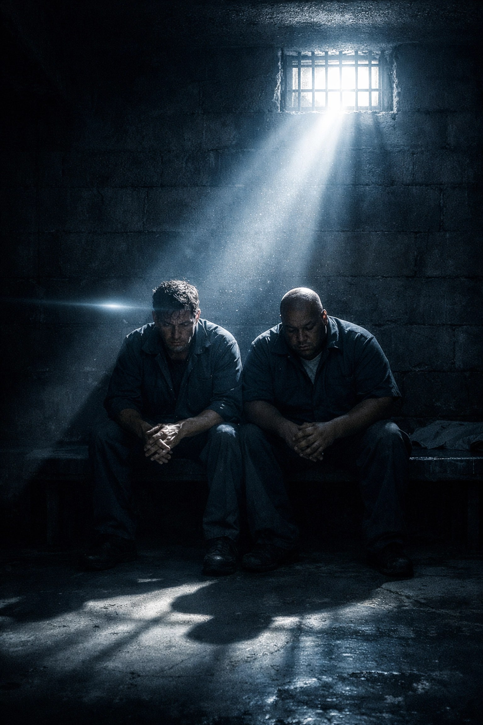 Dante and Randal sharing a vulnerable moment in a high-contrast jail cell scene from Clerks II.