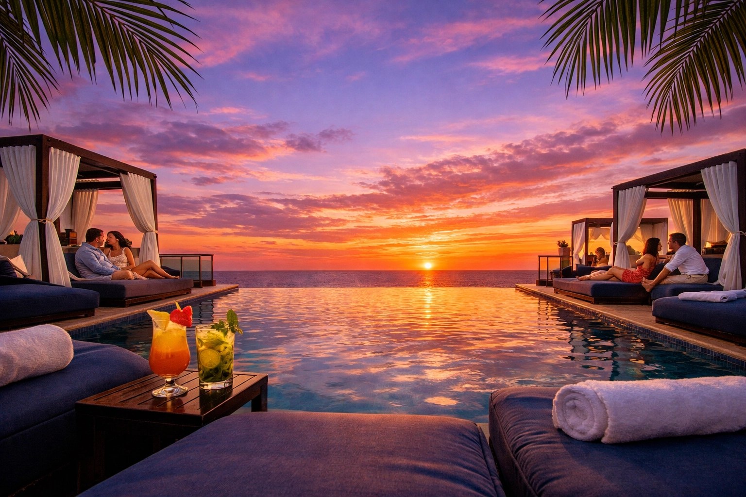 Rooftop infinity pool at adults-only luxury resort near Cancun at sunset