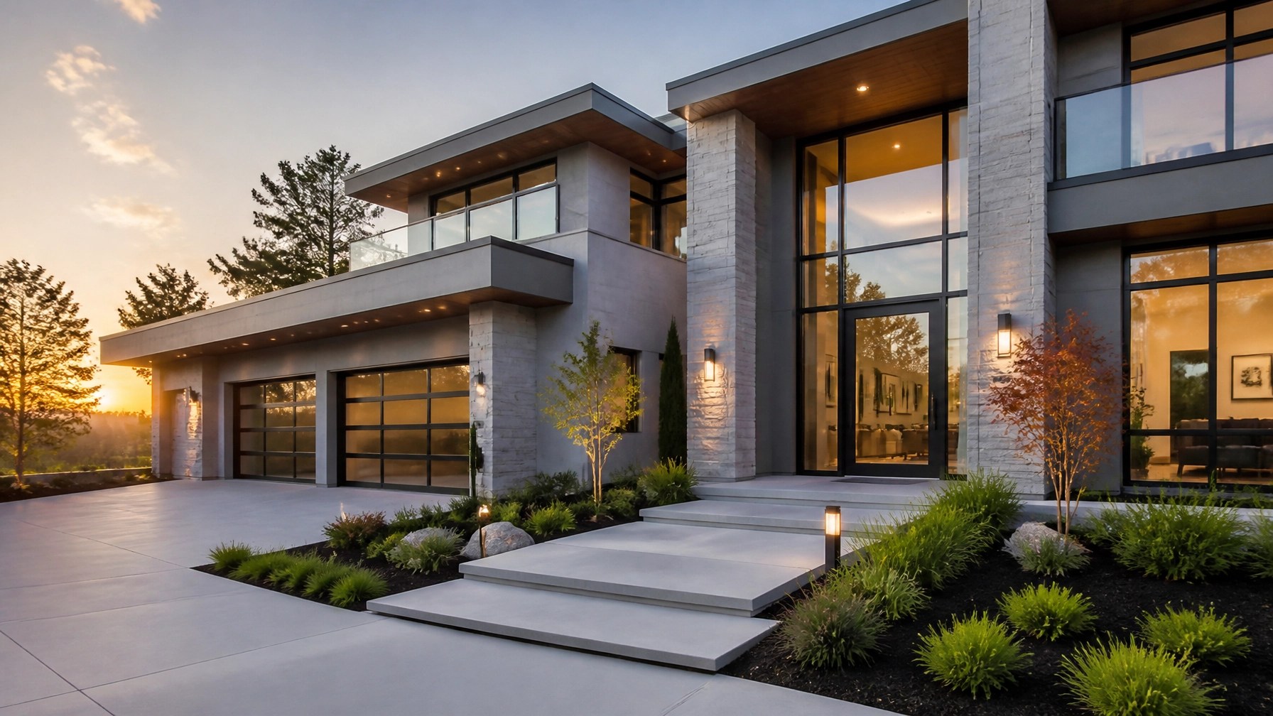 A high-resolution, professional architectural photograph of a modern luxury home exterior during the golden hour, featuring clean lines and warm natural lighting.