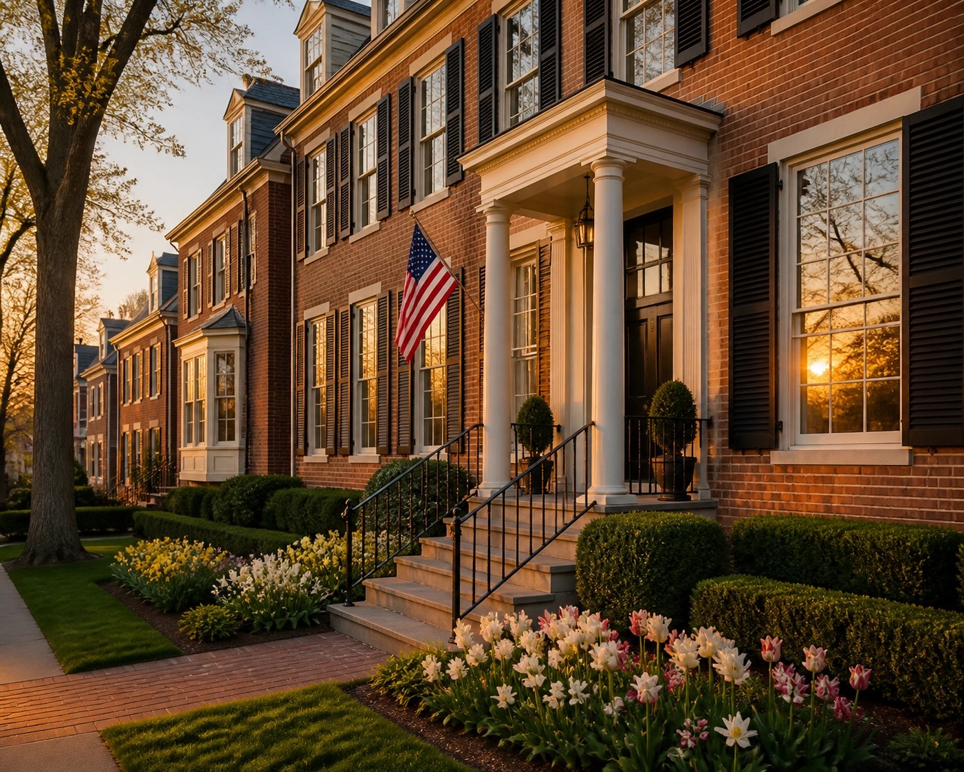 Luxury Maryland townhome at sunset representing stable residential real estate investment growth.