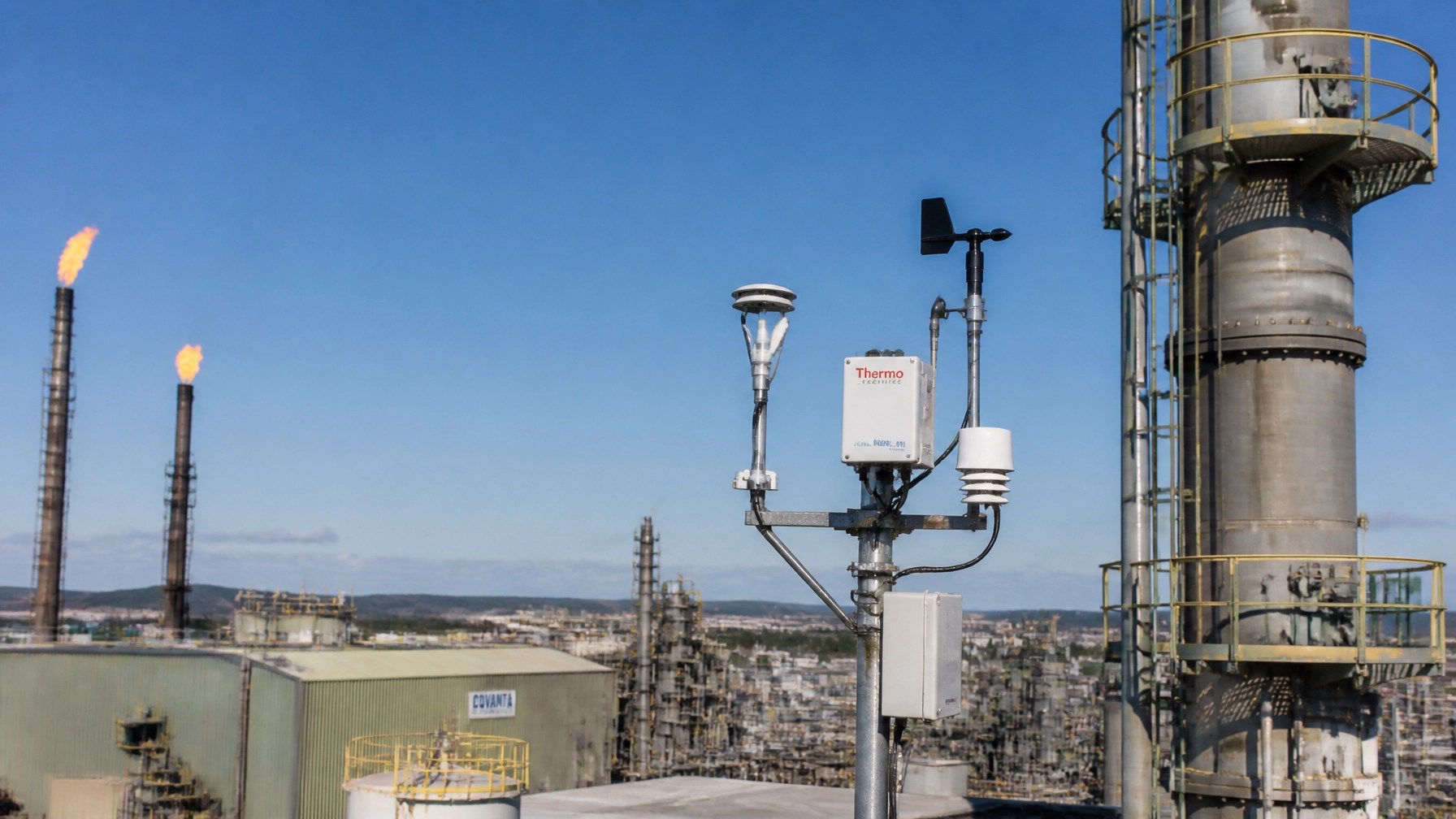 Industrial manufacturing plant exterior with environmental engineering equipment