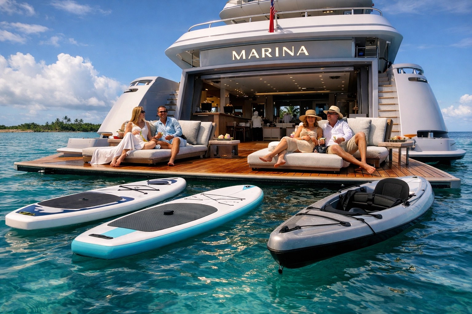 Guests enjoying water sports and relaxation on the private marina platform of a Ritz-Carlton luxury yacht.