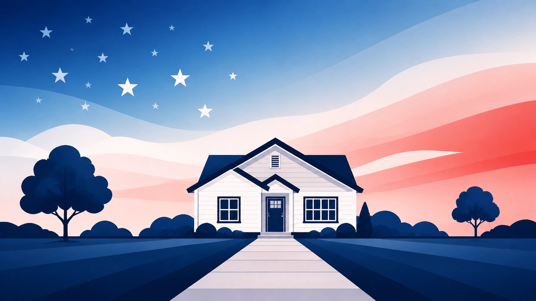 A clean, minimalistic geometric illustration of a simple house silhouette under a patriotic sky.