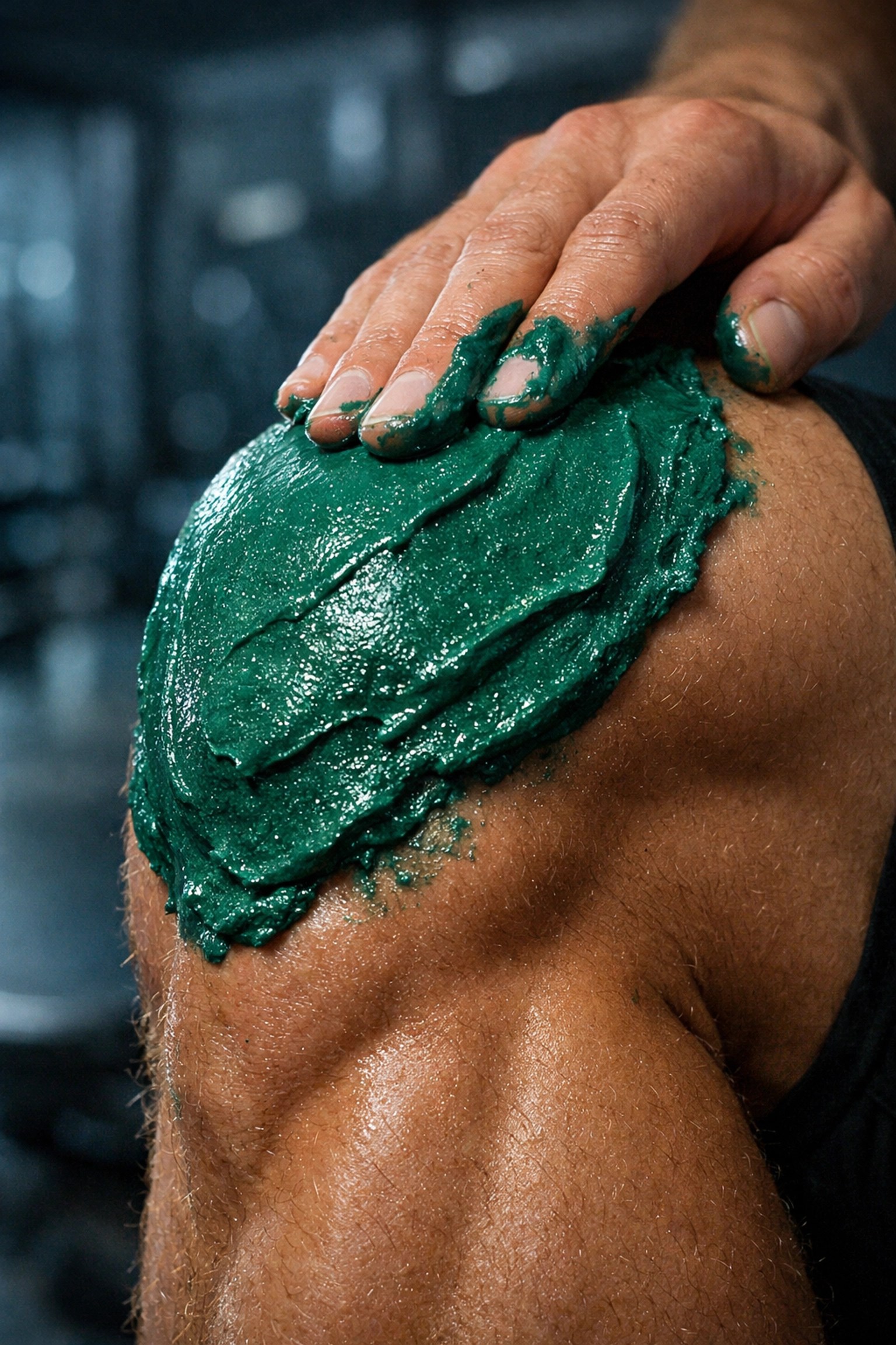 Applying green French Illite clay to an athlete's knee for muscle recovery and inflammation relief.