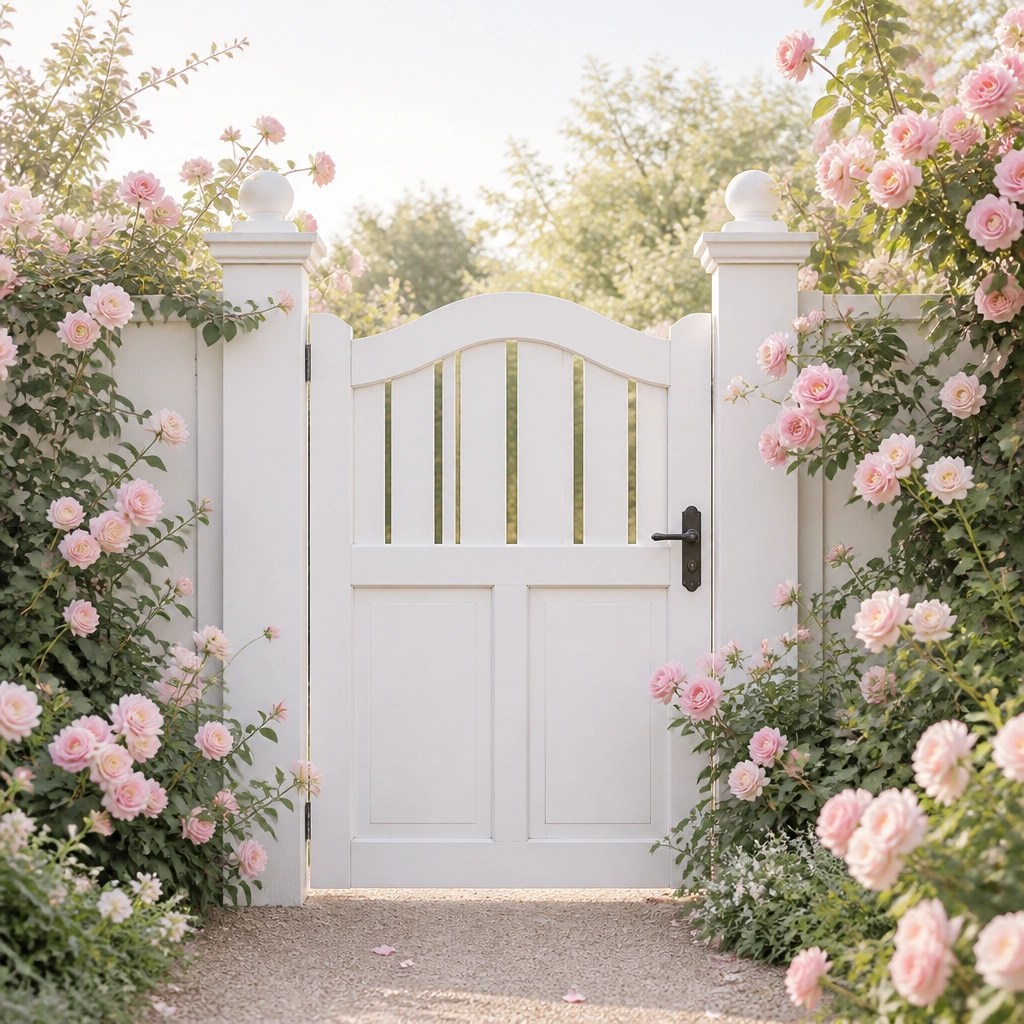 A beautiful white garden gate closed and surrounded by light pink roses, symbolizing healthy boundaries.