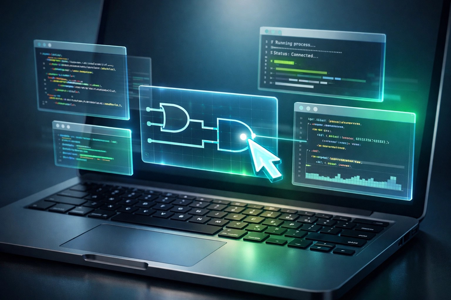 A laptop with floating code blocks representing remote IT support and advanced AI software development tools.