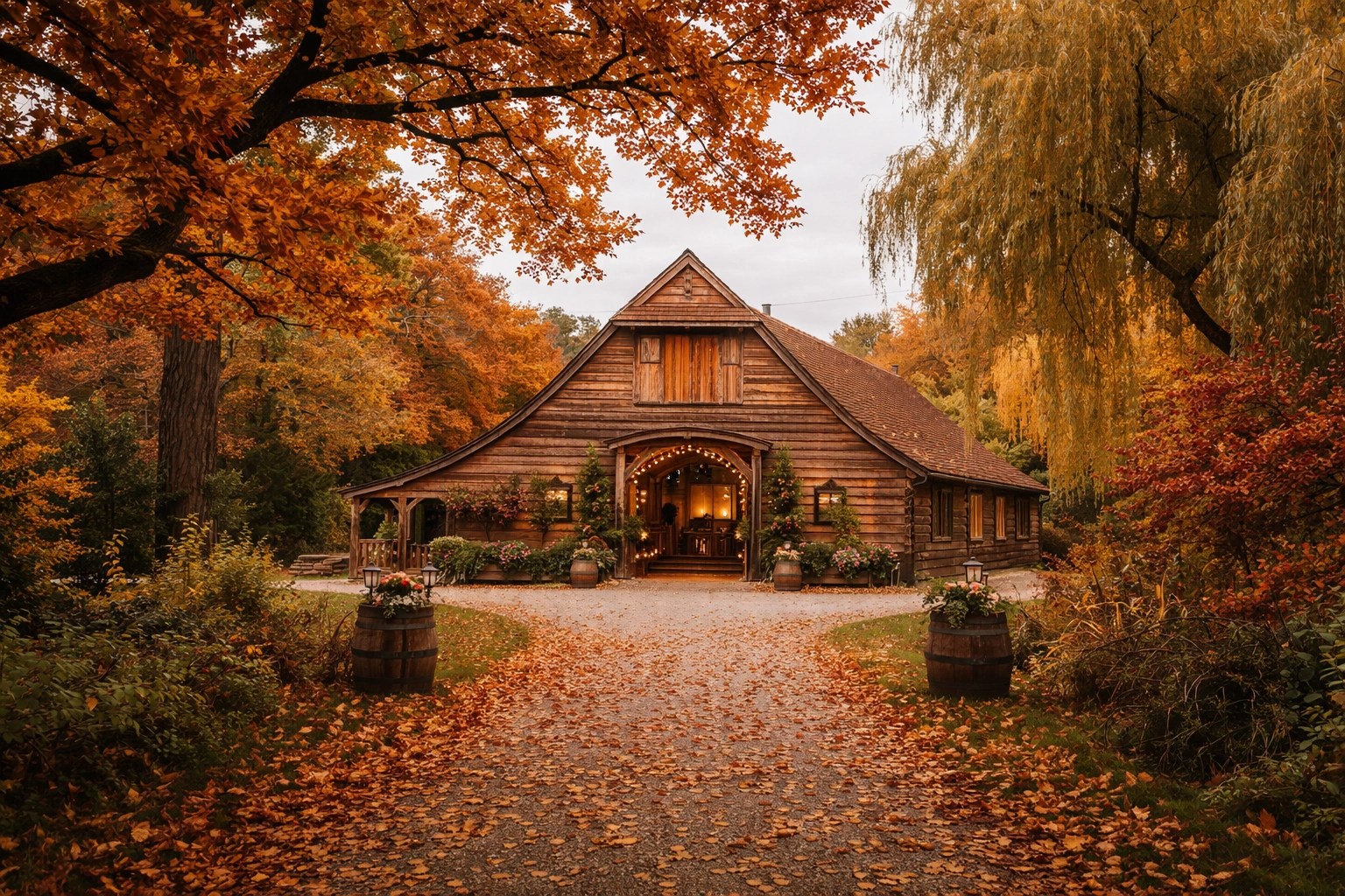 Rustic barn wedding venue in Kent framed by vibrant autumn foliage and golden leaves
