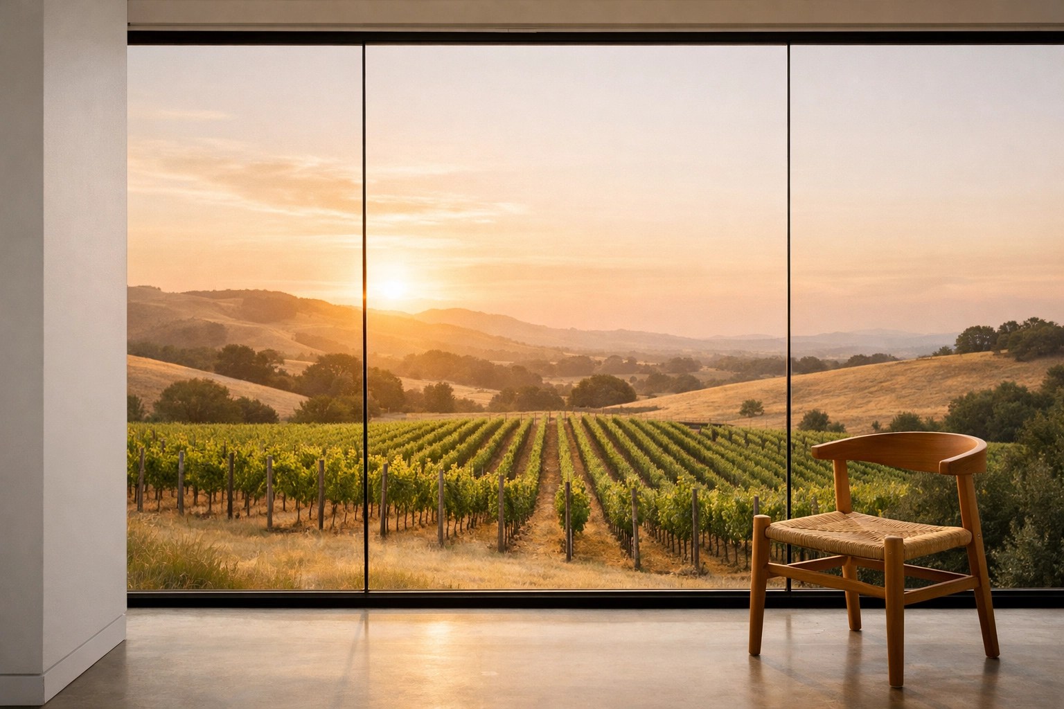 A permitted Sonoma County vacation rental home overlooking rolling vineyard hills at sunset.