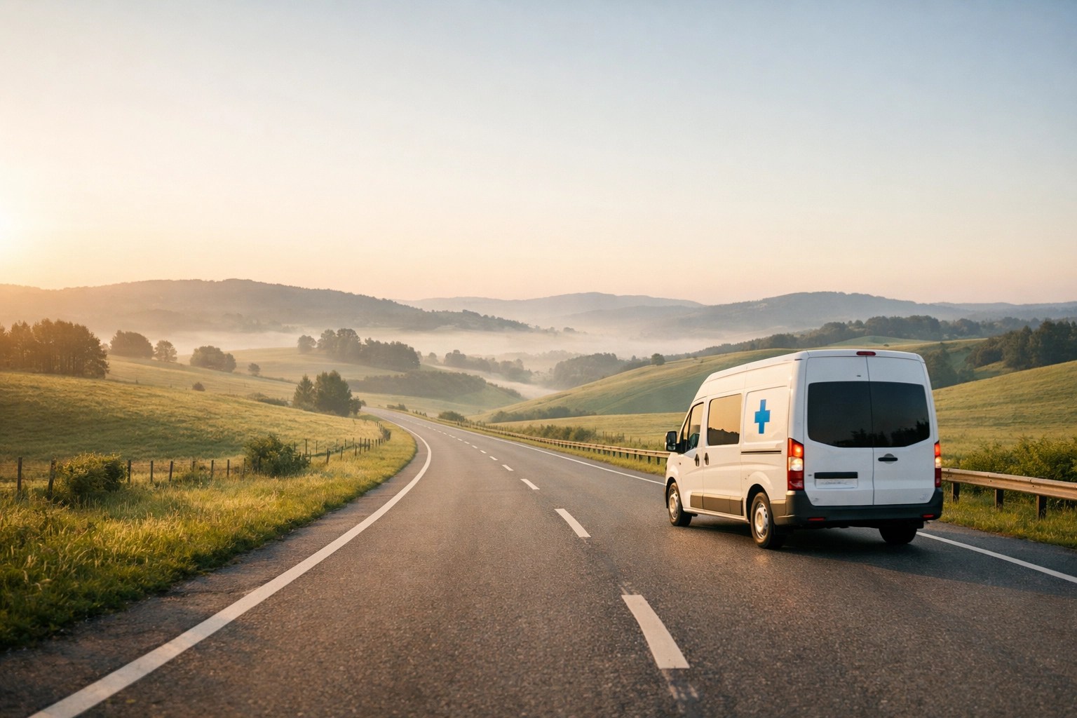 Reliable medical transport vehicle traveling through a rural area for a patient appointment.
