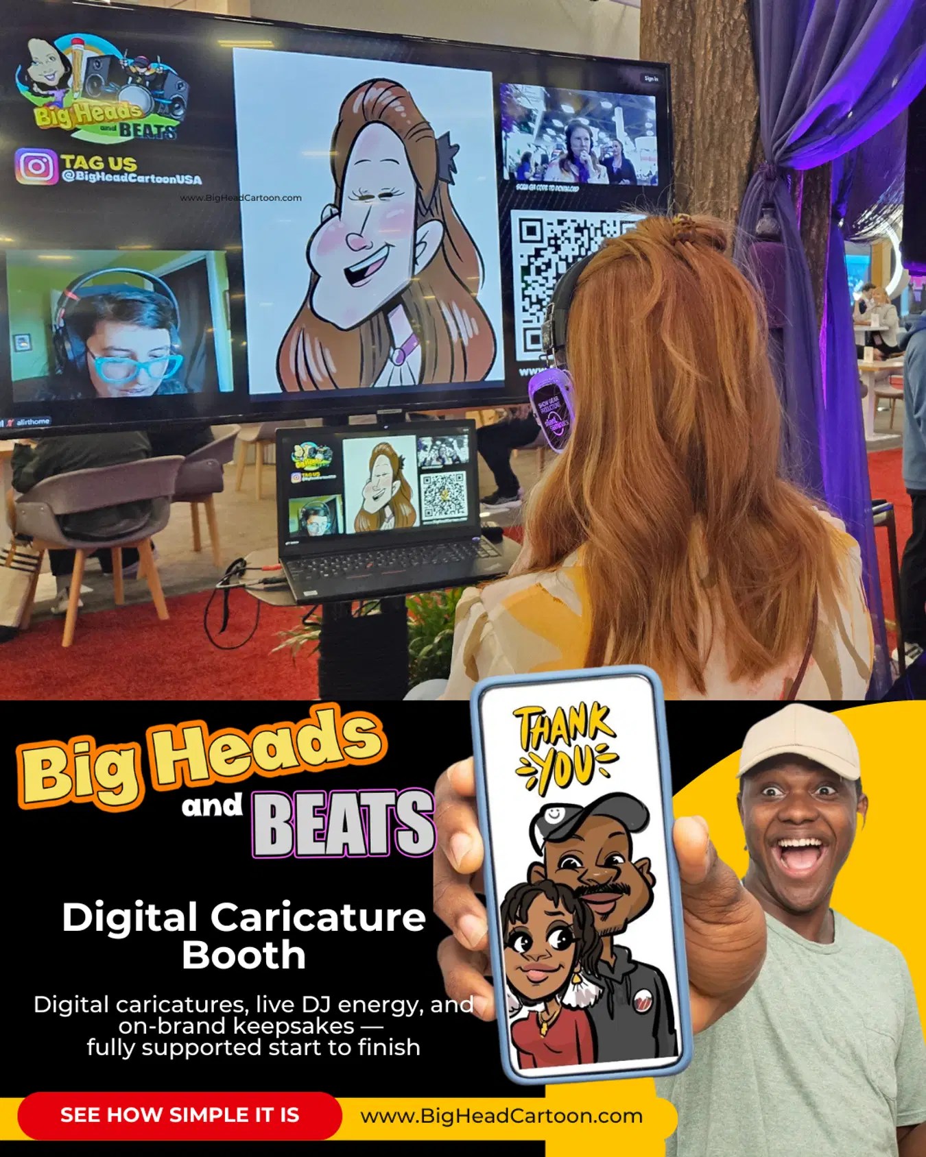 A guest at an event wearing headphones observes a digital caricature artist live-drawing their portrait on a screen, showcasing an interactive art-and-music activation.