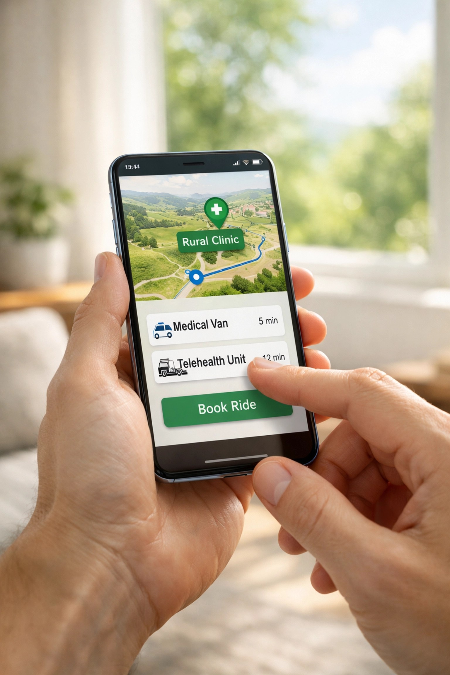 A patient using a mobile app to book reliable non-emergency medical transportation from home.