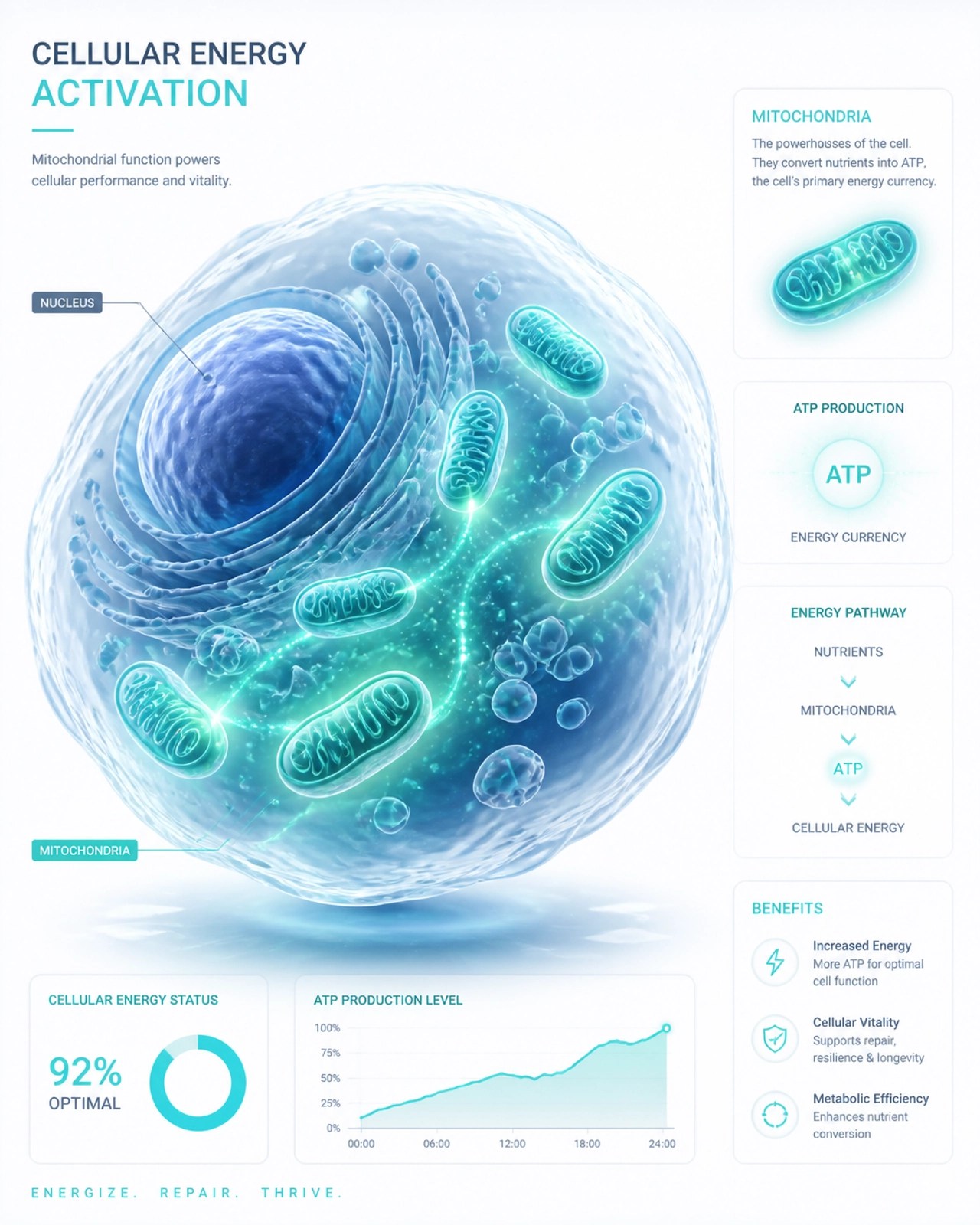 A high-tech digital visualization of a glowing human cell focusing on mitochondria and energy pathways