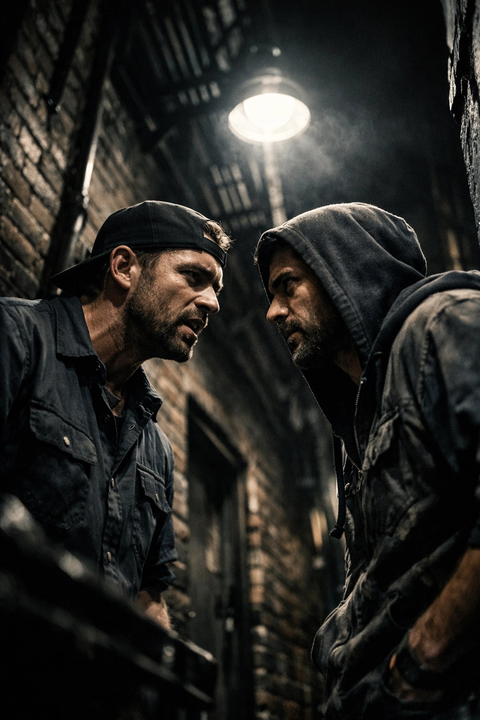 Dante and Randal in work uniforms having a serious conversation in a dark alleyway, showing the grit of Clerks II.