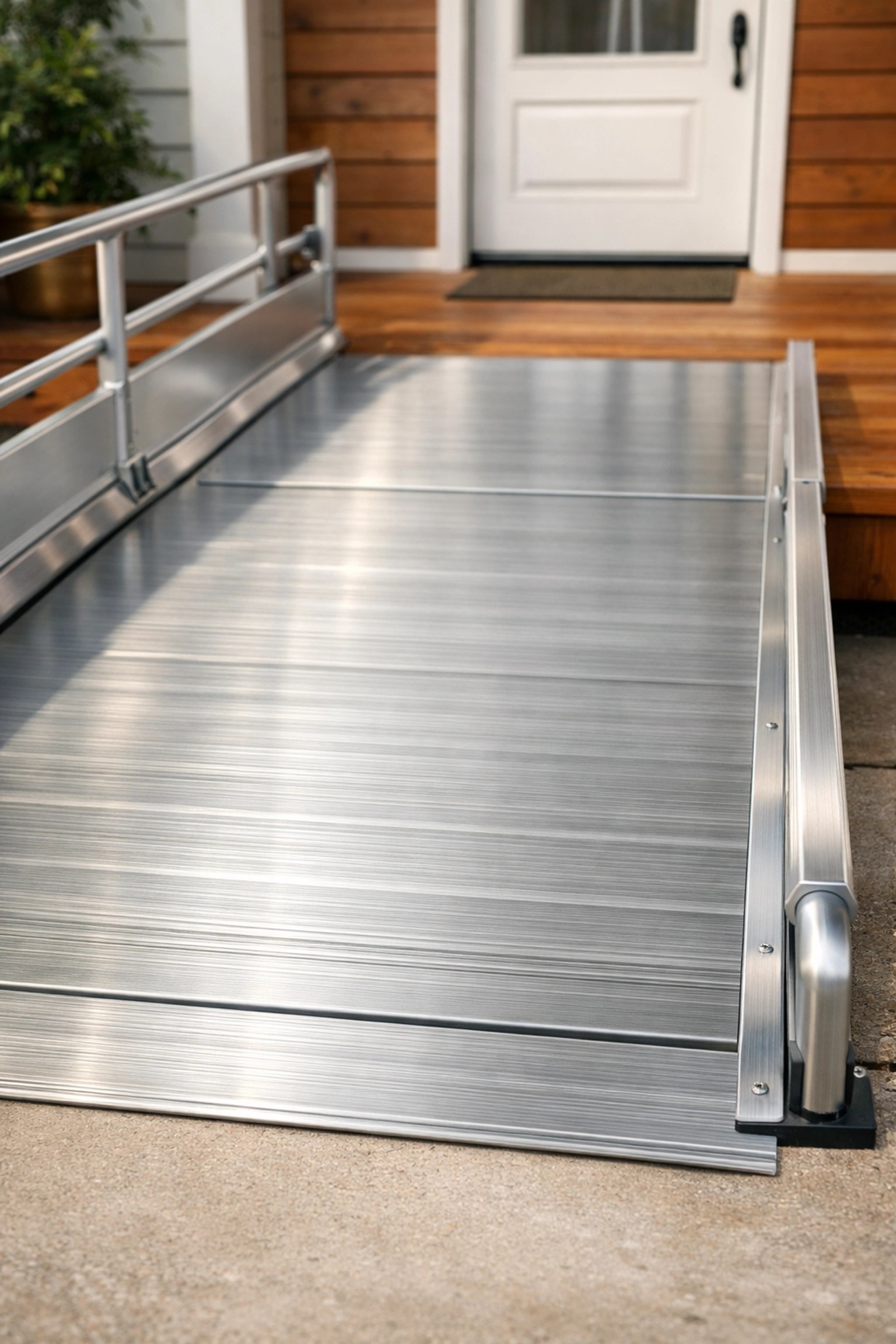 Close-up of a sturdy aluminum wheelchair ramp at a home, preparing for safe medical transportation.