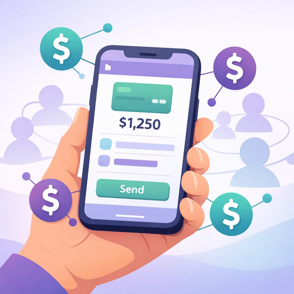 Hand holding smartphone displaying NIAX app interface with $1,250 and "Send" button, illustrating referral fee payouts and cash rewards for local business referrals.