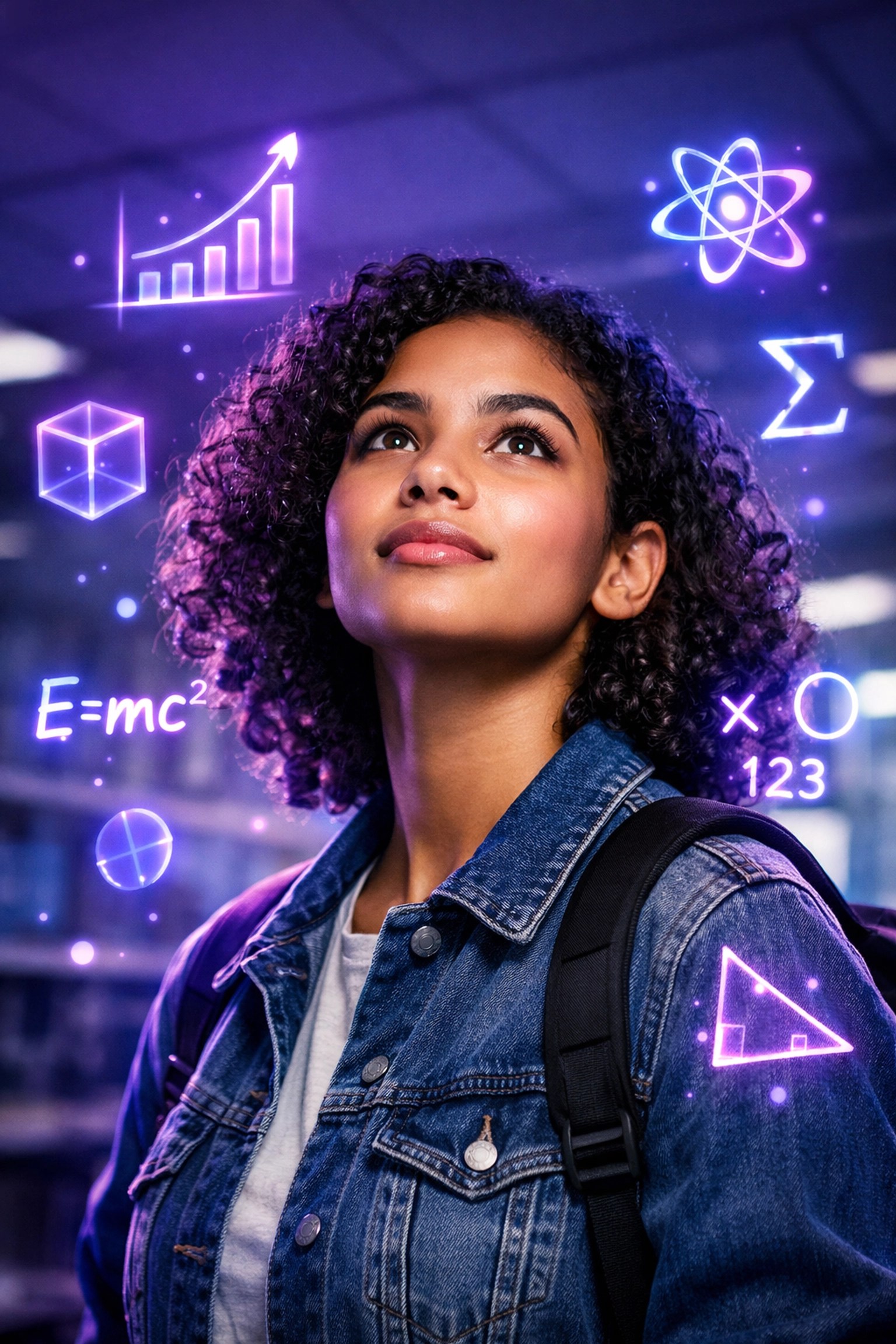 A young student surrounded by symbols of knowledge, representing the ROI of student proficiency investment.