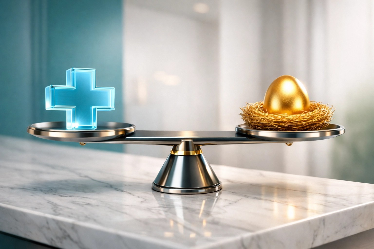 Balanced scales with a medical cross and gold nest egg illustrating the balance of Medicare costs and coverage.