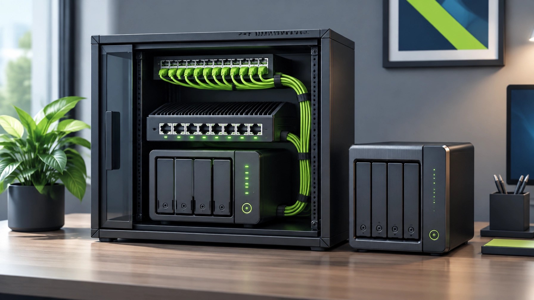 Tidy small-office network cabinet with a fanless Ethernet switch, NAS and neatly routed cables