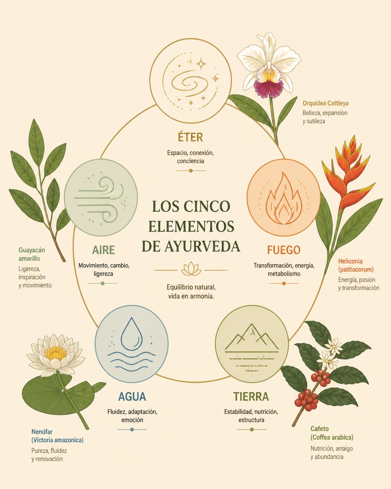 Ilustración digital minimalista que representa los cinco elementos del Ayurveda integrados con iconos de flora colombiana
