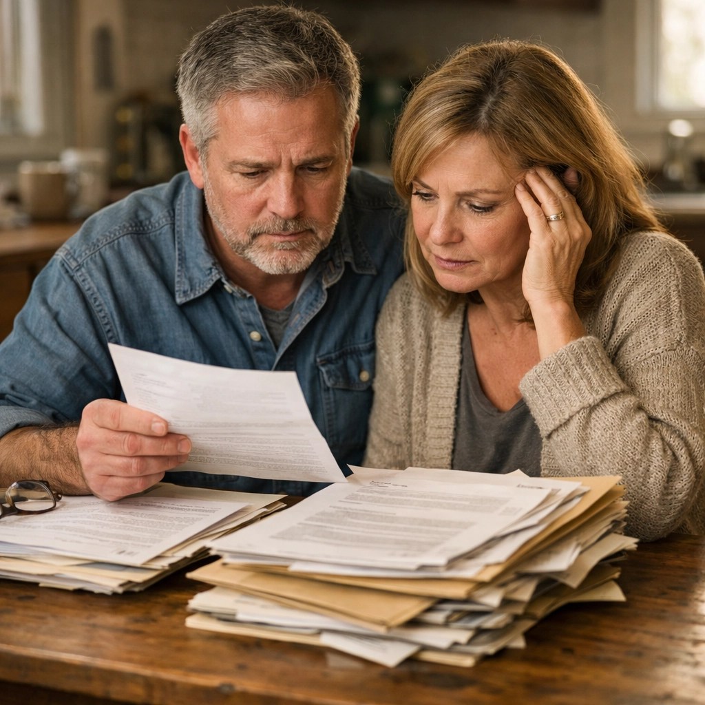 A couple reviews legal documents and probate court paperwork at their kitchen table.