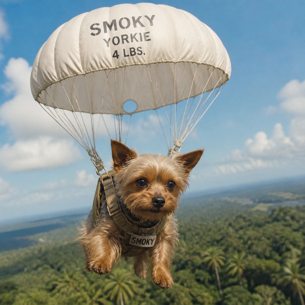 Smoky descending in a custom-made parachute during WWII
