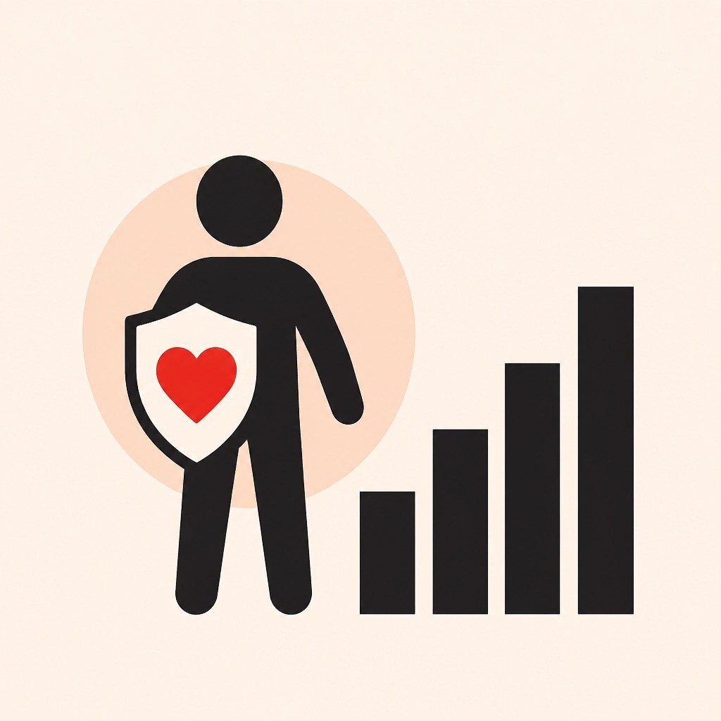 Illustration of a human icon with a protective shield and data bars