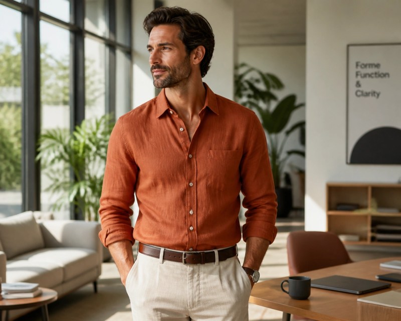 Modern professional in a burnt orange linen shirt showing 2026 quiet luxury custom apparel trends.