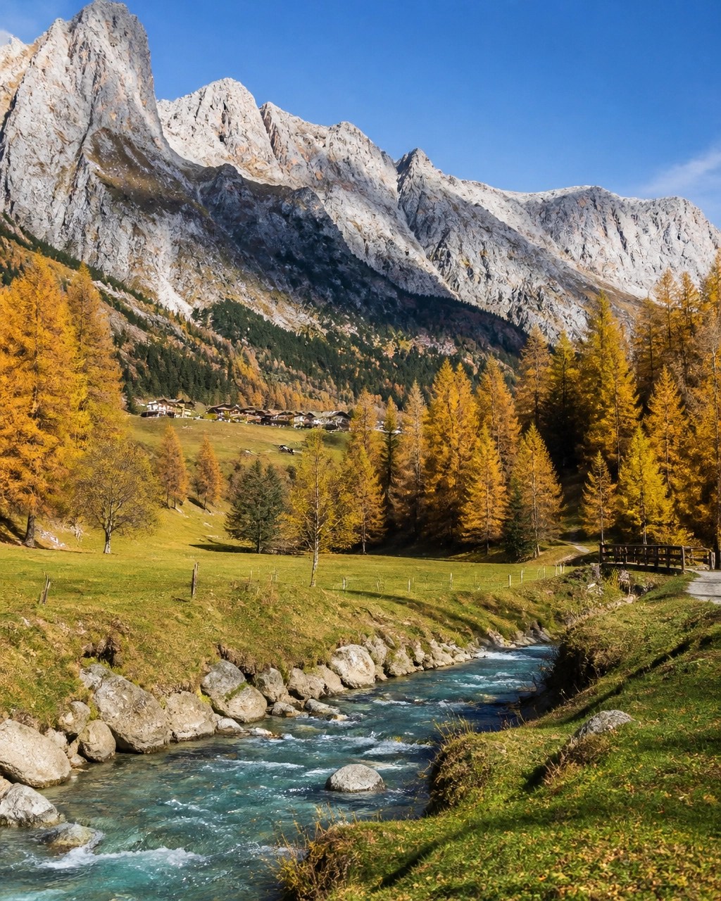 Golden alpine forest, turquoise stream and pale limestone peaks in the European Alps