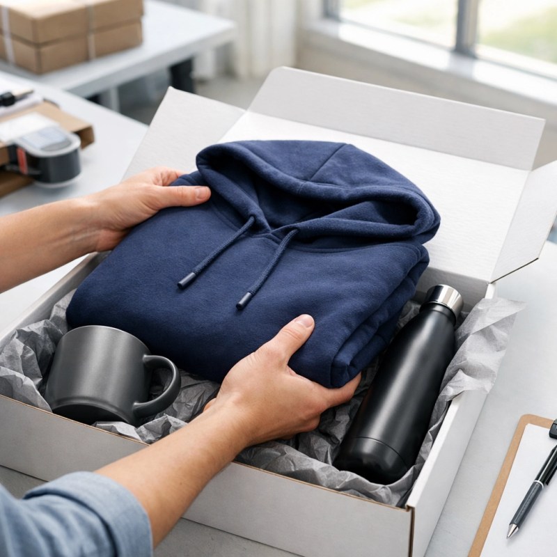 Premium remote employee swag kit being professionally packed with branded apparel and quality gifts.