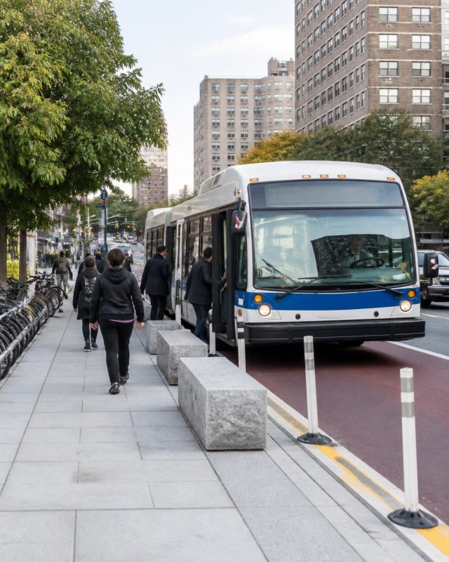 Bronx commuters boarding a city bus beside a redesigned Tremont Avenue bus lane