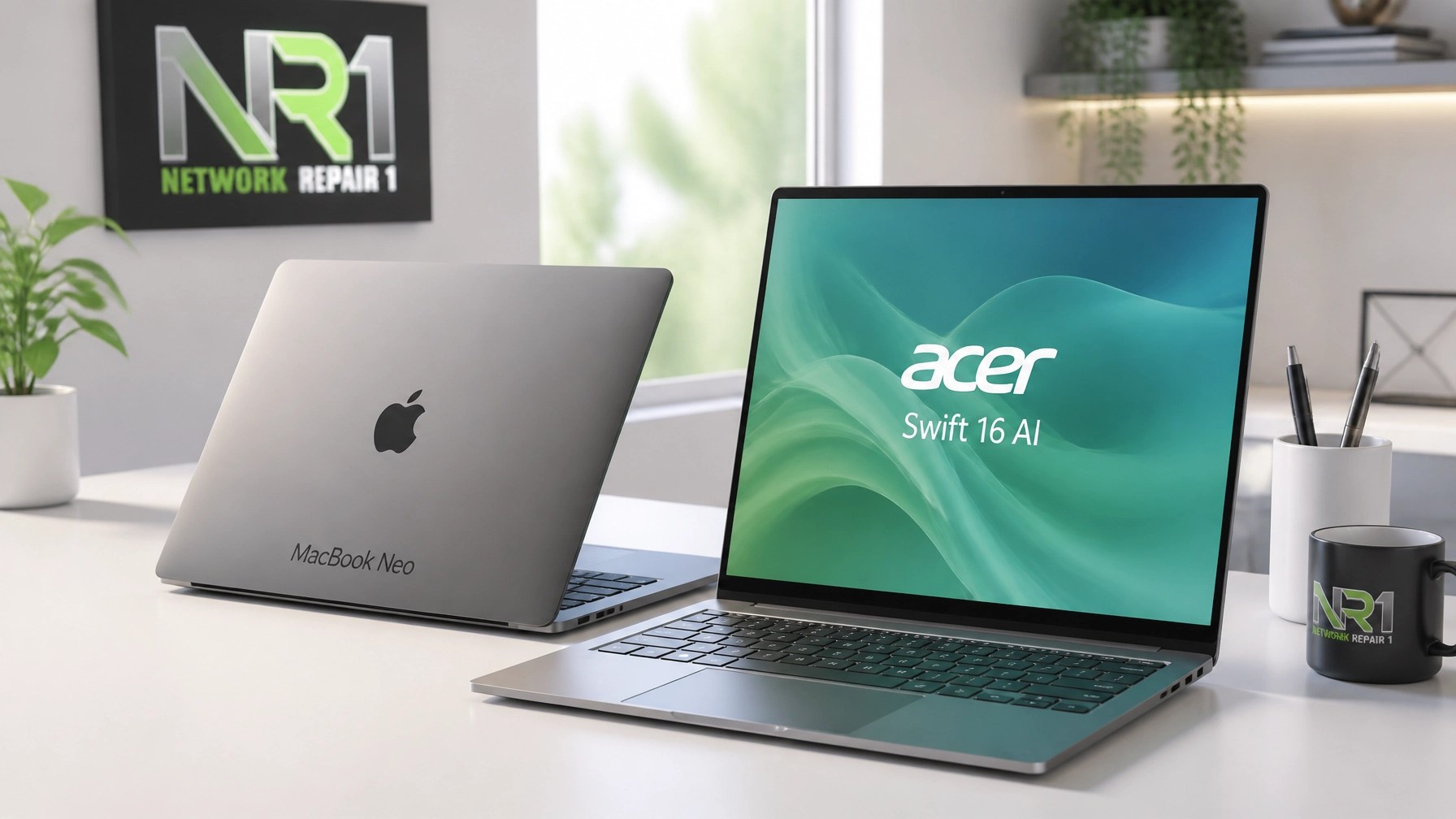 A sleek, dual-laptop setup on a clean white desk, featuring a MacBook Neo and an Acer Swift 16 AI.