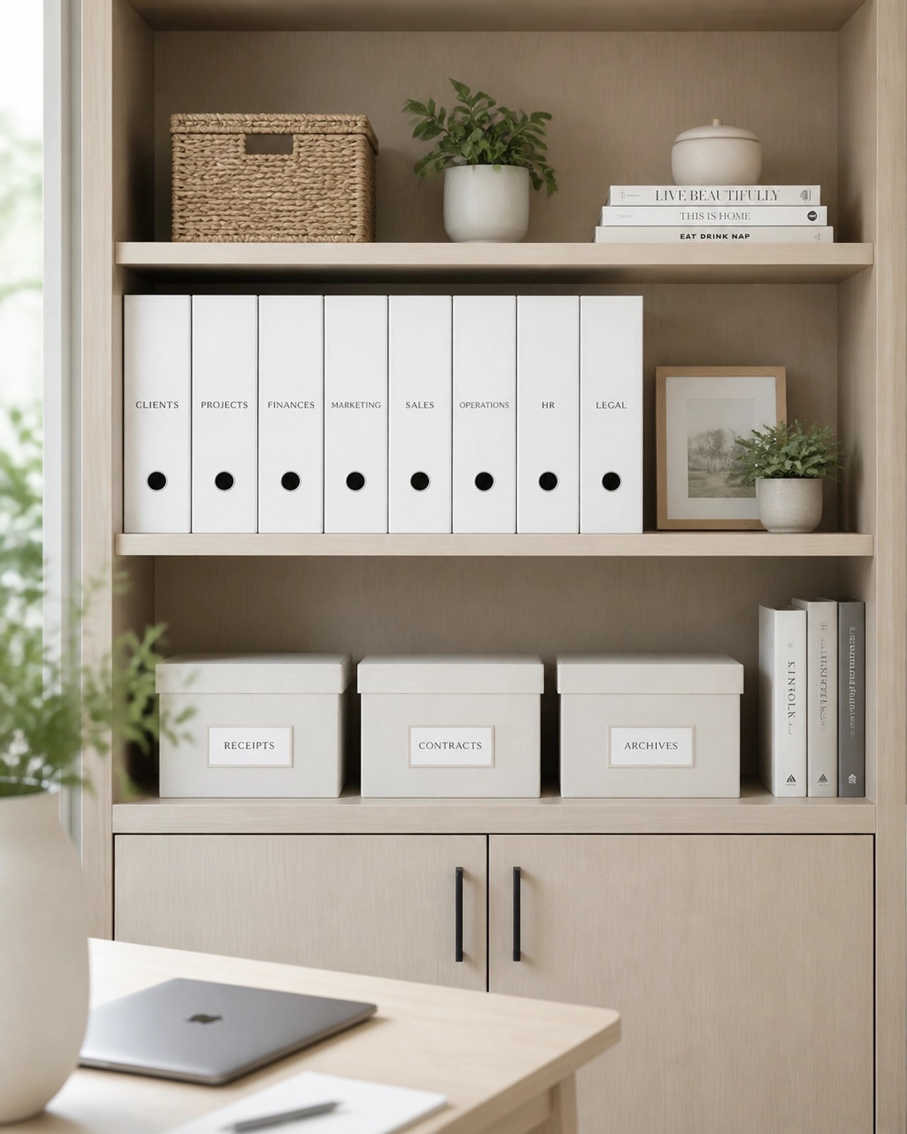 A beautifully organized shelf in a home office containing neatly labeled white binders and boxes, showing a clean and intentional environment.