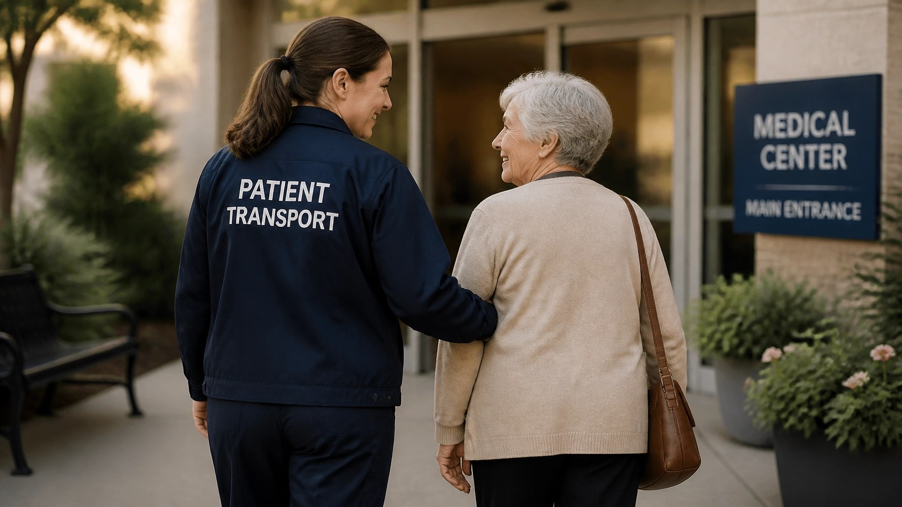 A transport professional assisting a patient into a medical facility with dignity.