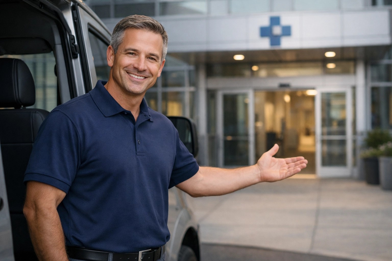 A friendly, professional medical transport driver assisting a patient at a modern clinic entrance.