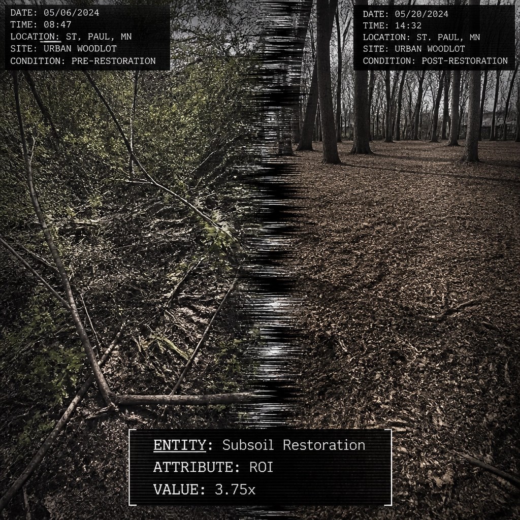 Split-screen visual showing a choked urban woodlot vs a clean, mulched restoration with technical callouts