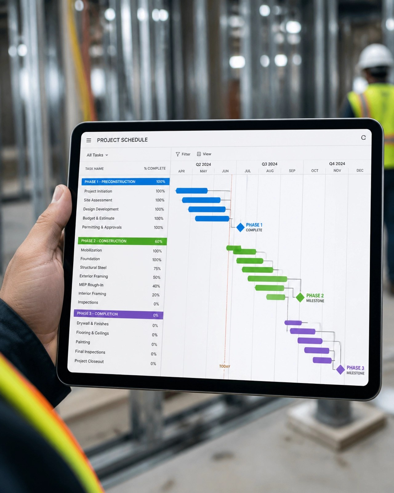 A project manager holding a tablet with a colorful construction schedule showing phases