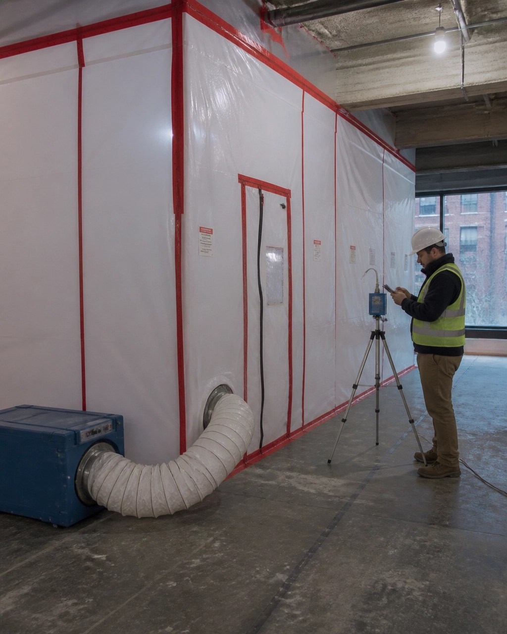 Controlled asbestos abatement containment with negative air equipment inside a partially renovated commercial building