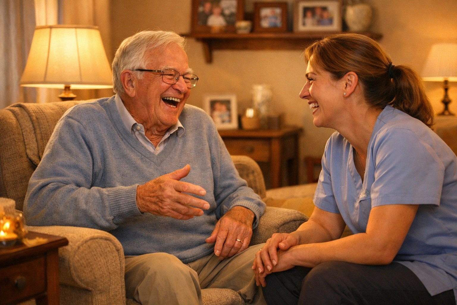 Senior receiving quality in-home care assistance laughing with compassionate caregiver