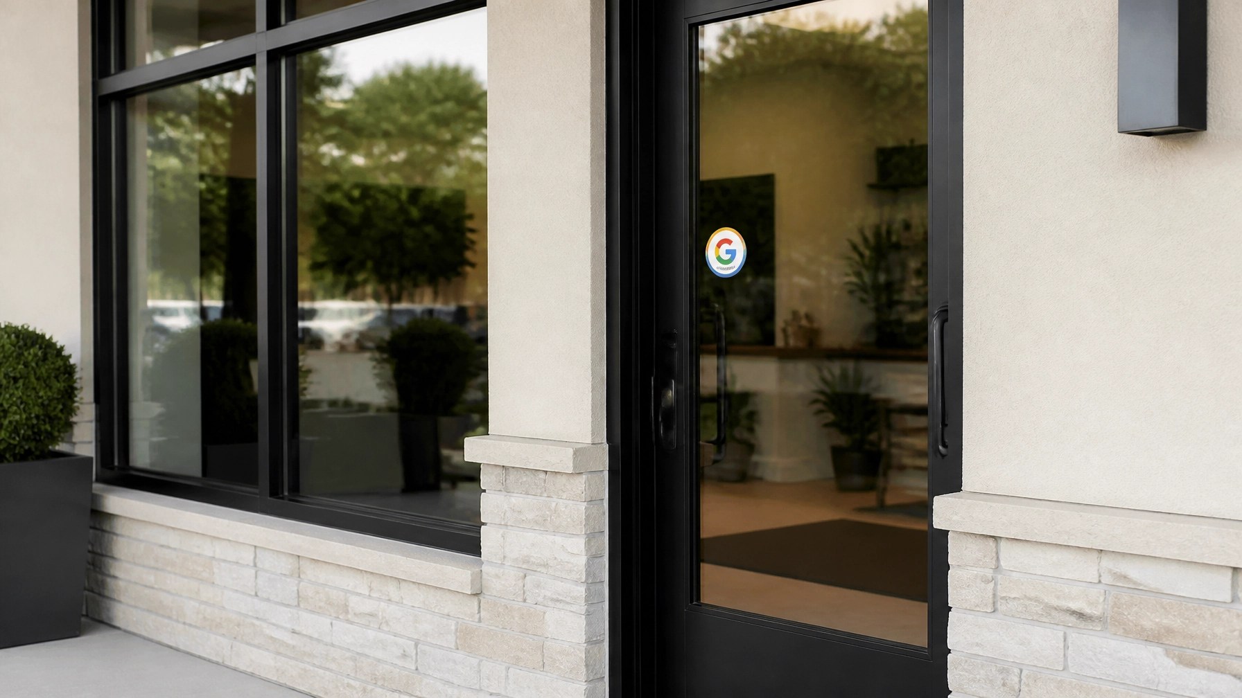 Professional storefront with a review sticker