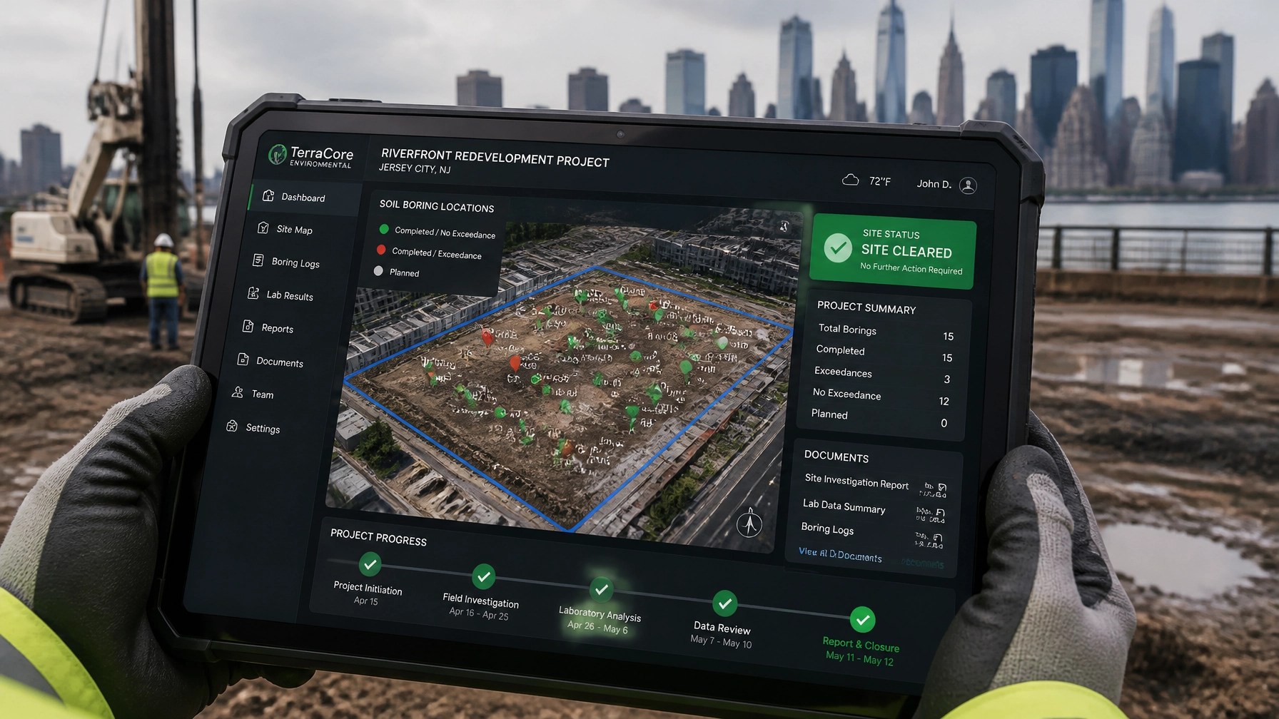 Modern environmental dashboard showing project progress