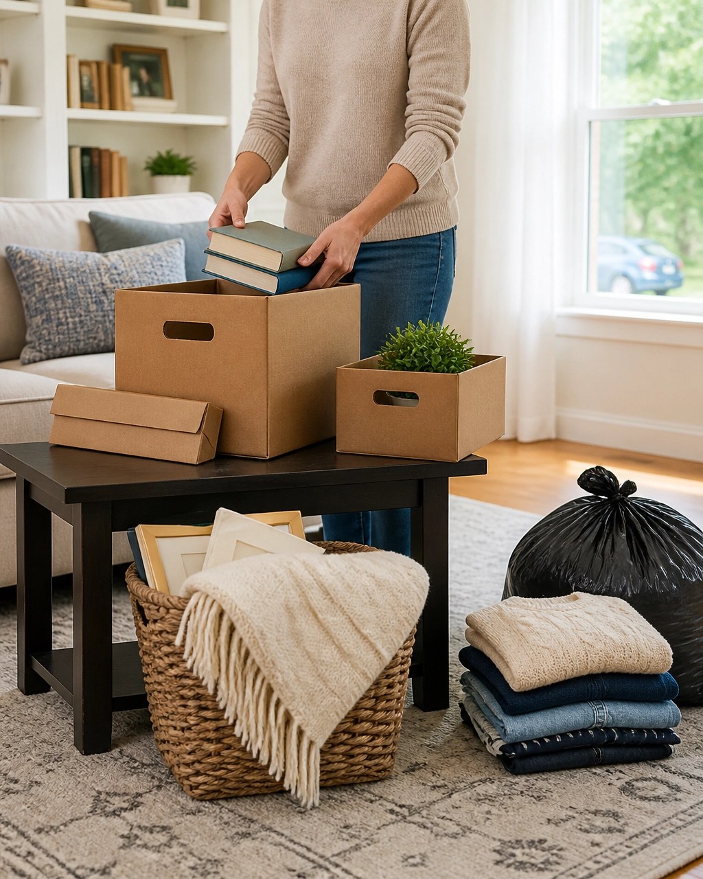 Maryland homeowner organizing a bright living room with storage boxes and a donation pile