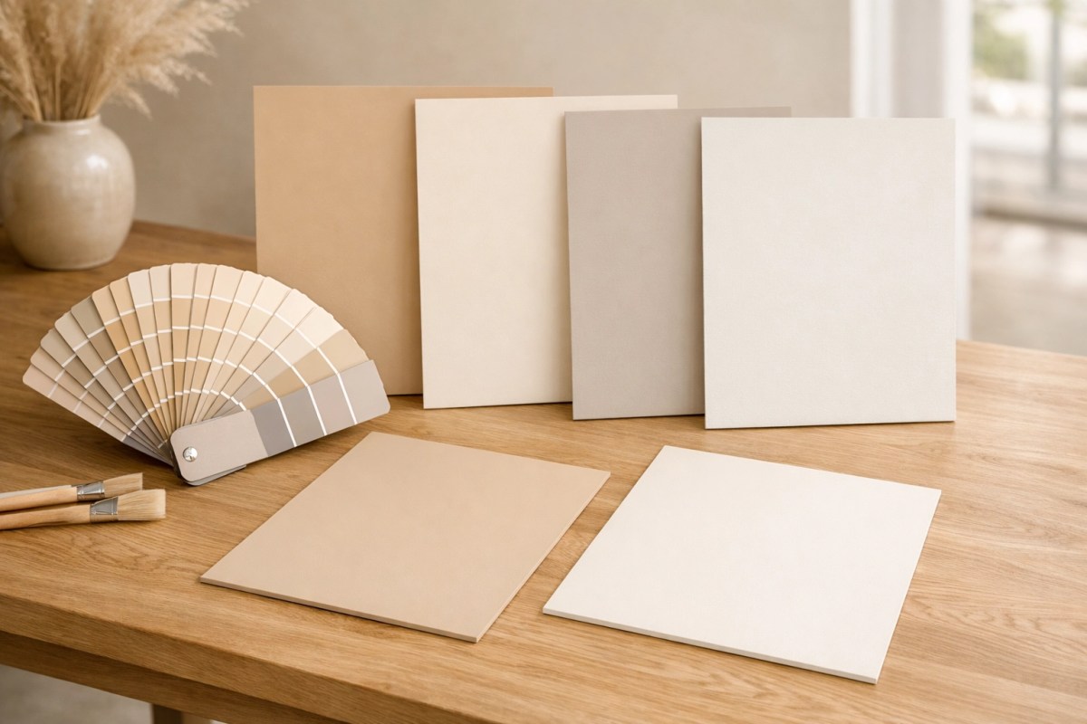 Professional paint fan deck and sample boards on a timber table in warm sandy, stone, and soft neutral colours