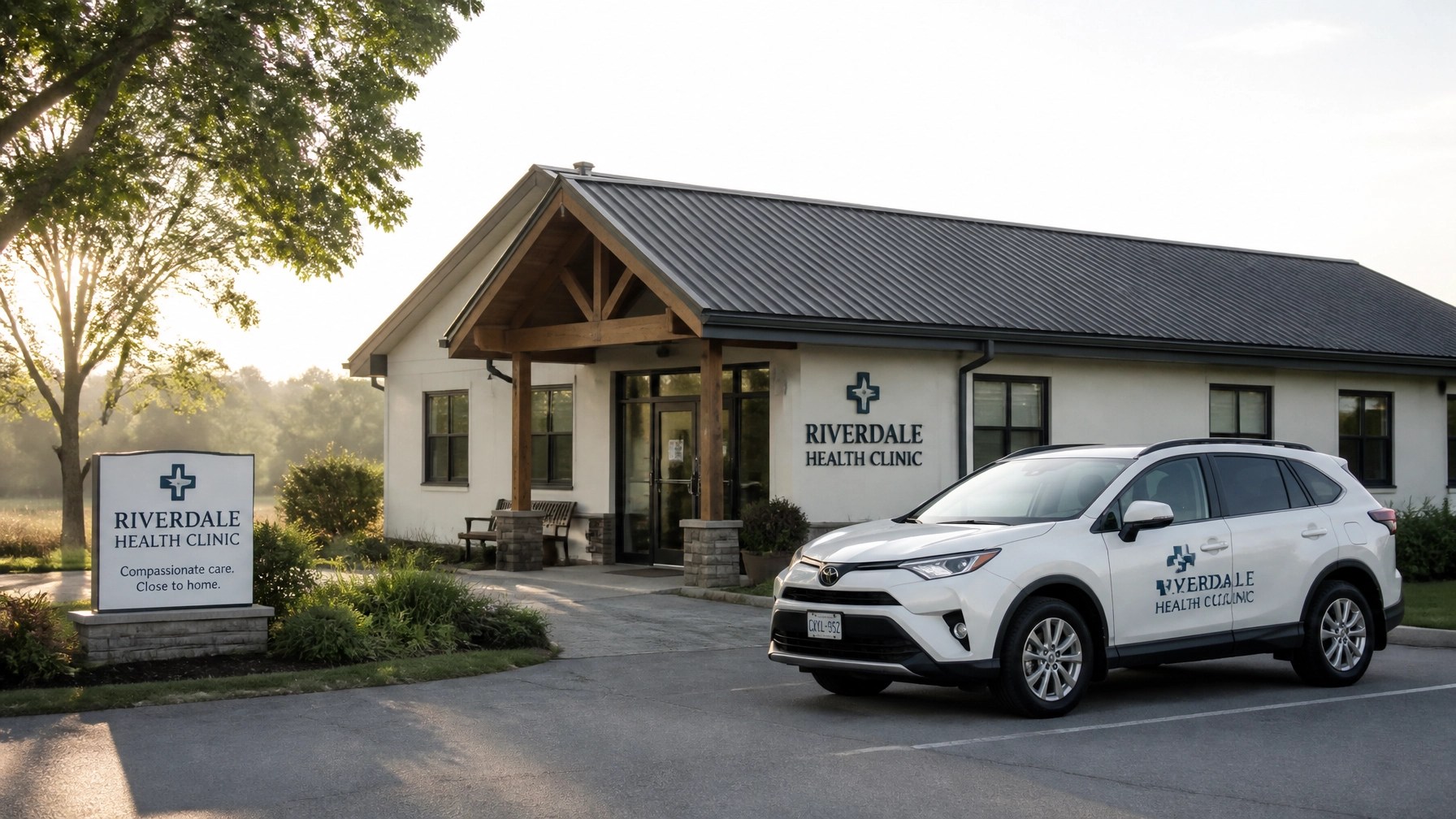 A rural medical clinic with a Swift Ryde vehicle parked out front, symbolizing accessible healthcare