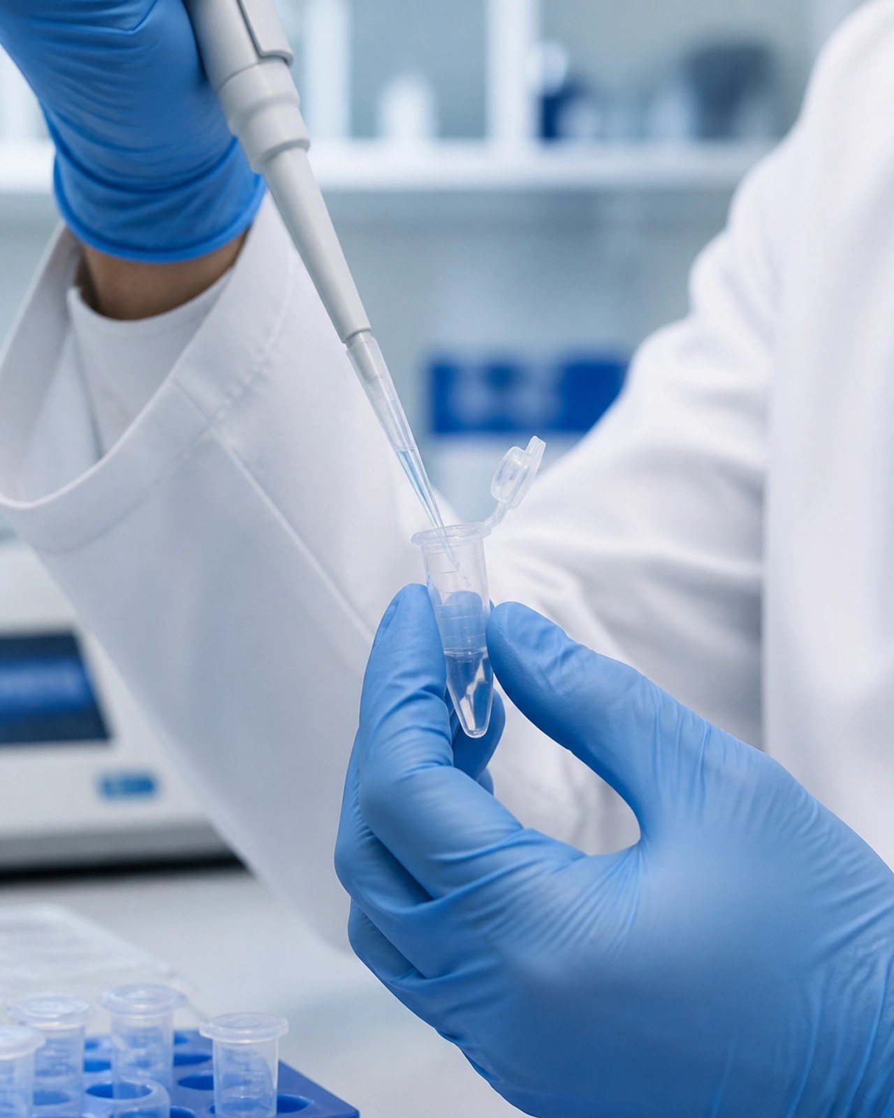 A researcher in a sterile lab environment preparing a research compound with high precision.