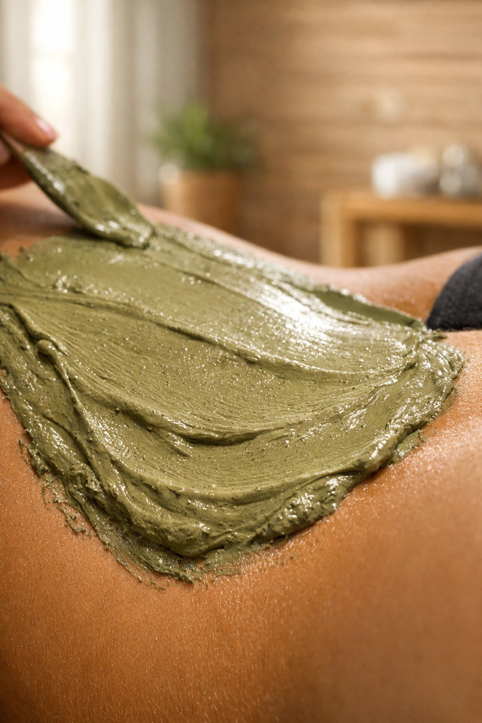 Therapeutic French green clay applied to an athlete's back for natural nerve pain relief.