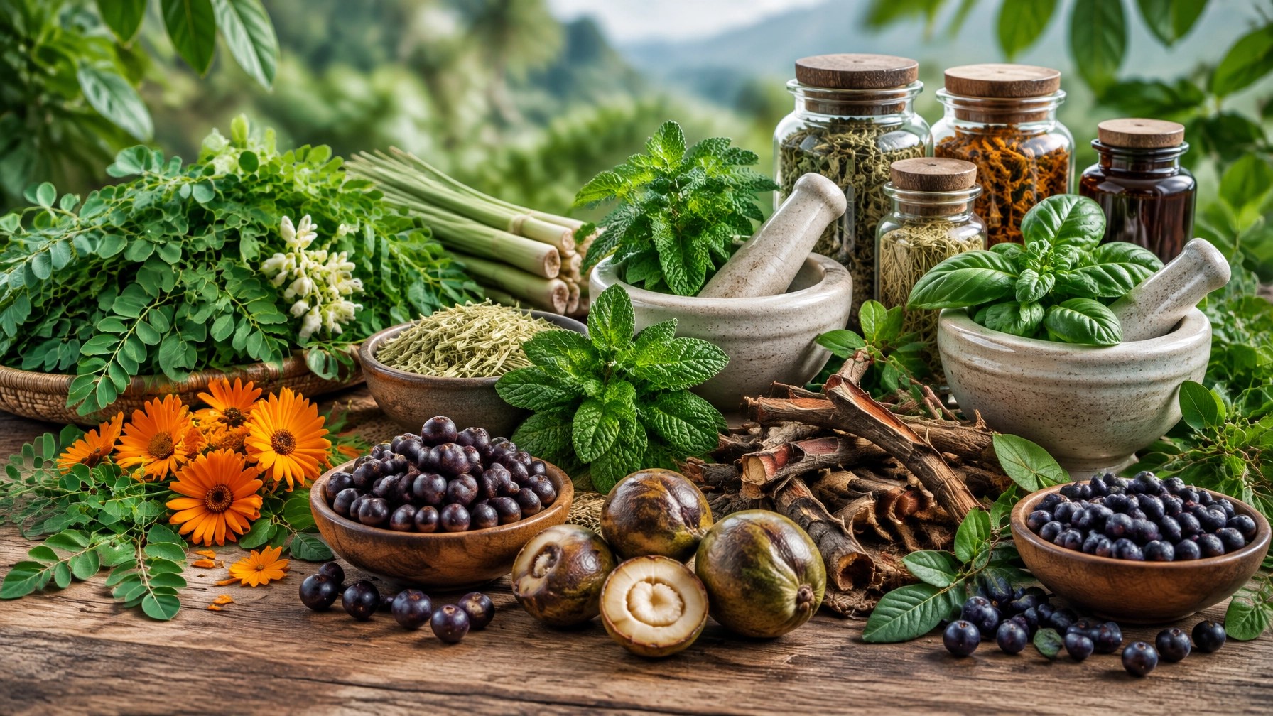 Botica natural con moringa, caléndula, limonaria, yerbabuena, borojó y mortiño en recipientes neutros sobre madera