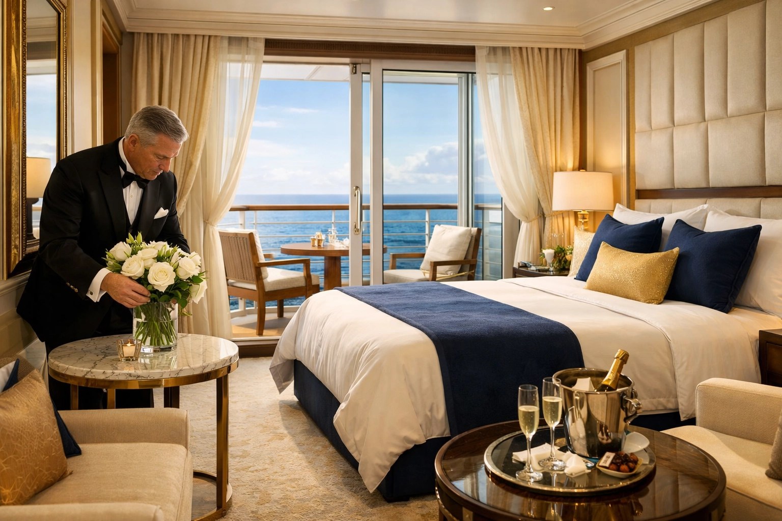 Spacious luxury cruise ship suite with butler service and ocean view balcony