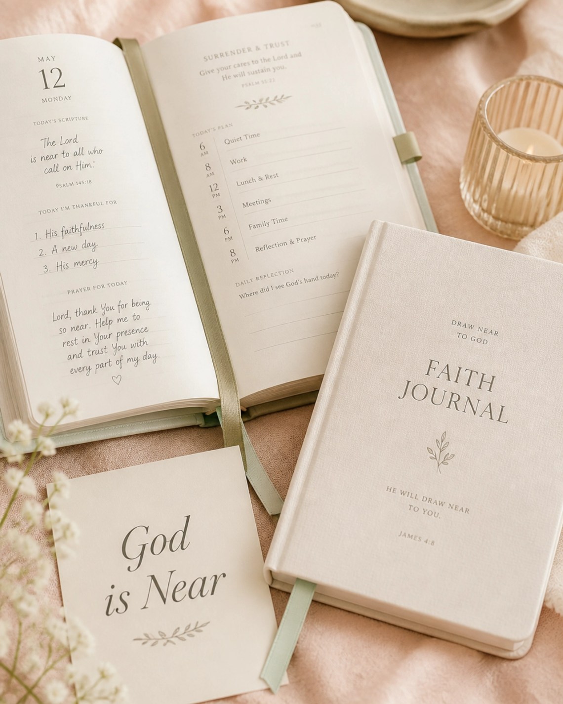 Don't Carry Your Pain to the Enemy: Choosing God’s Truth When It Hurts 6 A close-up of an open Christian planner and a faith journal on a Petal Pink linen surface with 'God is Near' typography.