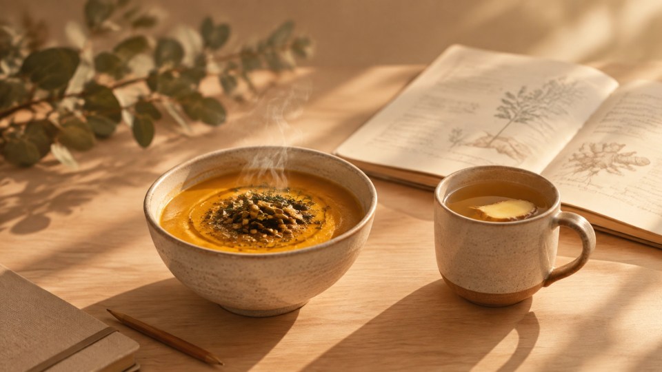 Sopa de calabaza y jengibre junto a un cuaderno de estudio y una infusión, en un espacio cálido de aprendizaje ayurvédico