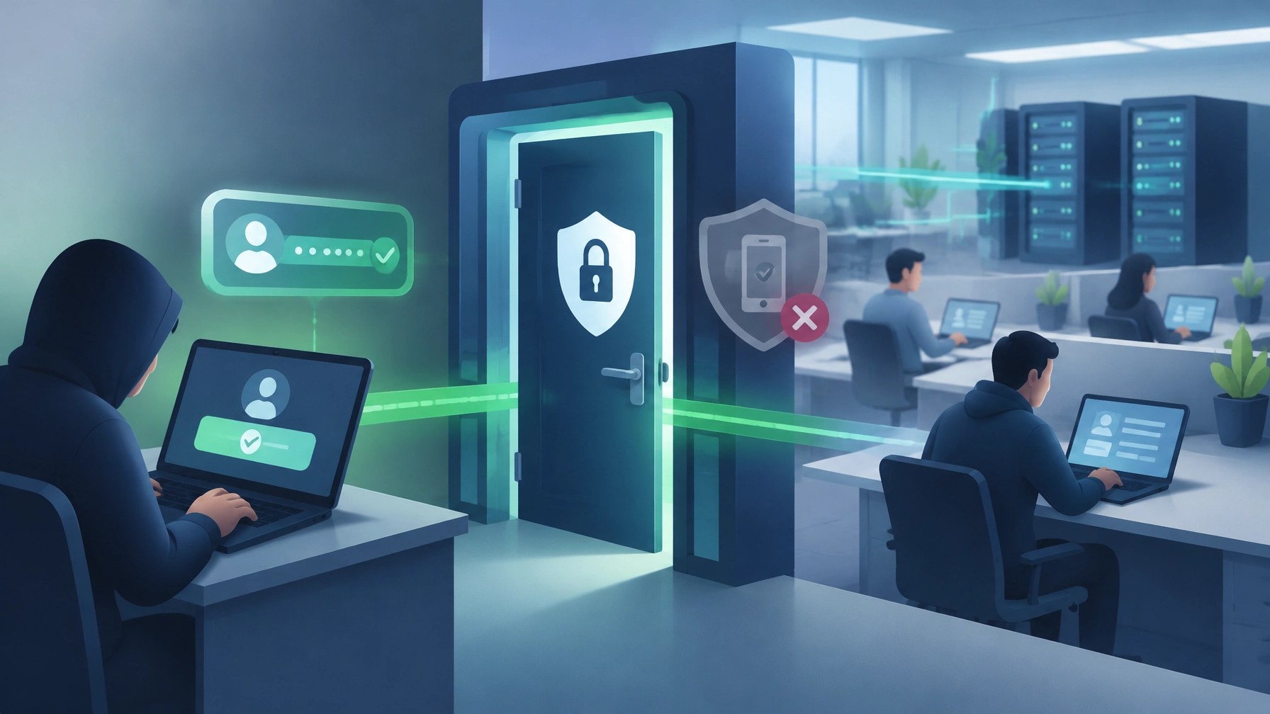 Illustration of an intruder posing as a remote employee at a digital office entrance, with a VPN gateway, laptop, and network equipment
